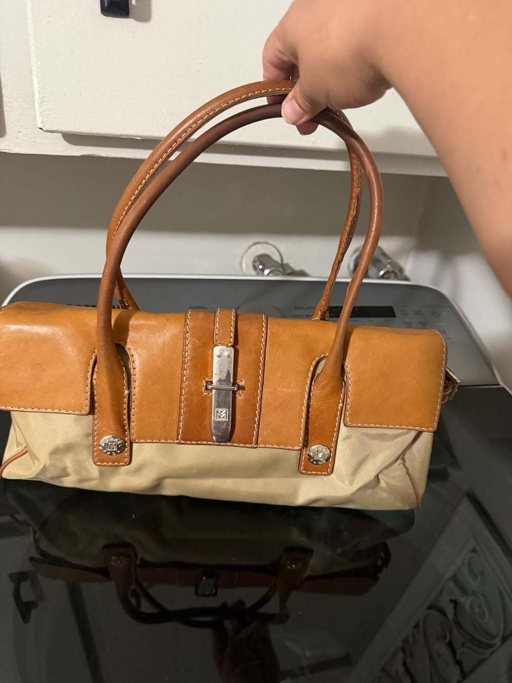 Vintage Michael Kors Brown Tan Leather Canvas Handbag Purse